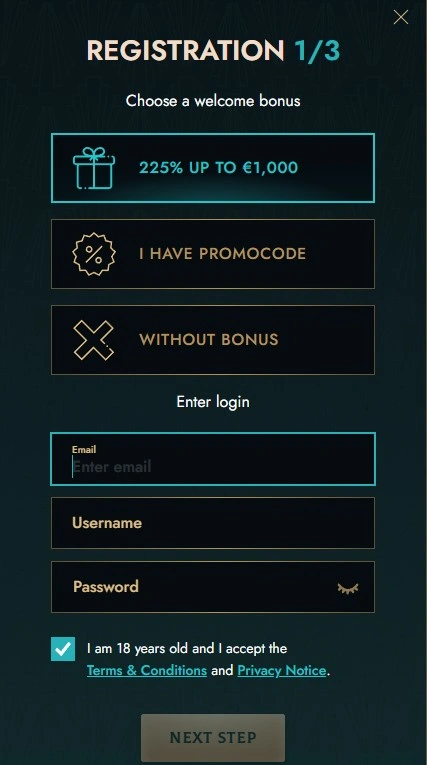 Dolly Casino registration form with welcome bonus